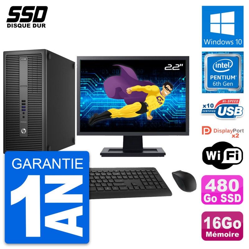 HP EliteDesk 800 G2 Desktop PC - 22" Screen, Intel Pentium G4400, 16GB RAM, 480GB SSD, Windows 10, WiFi