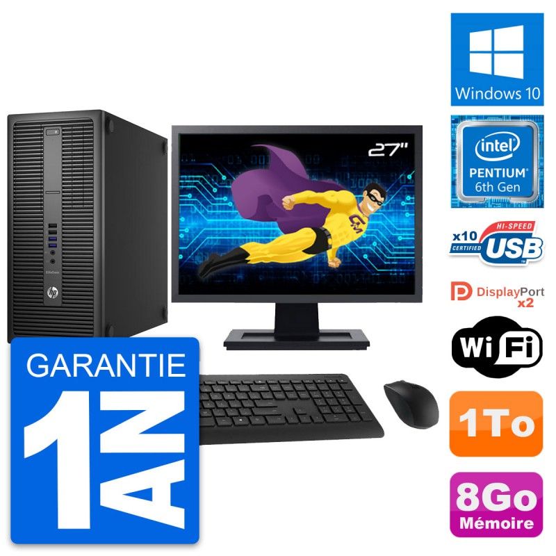 HP EliteDesk 800 G2 Desktop PC - 27" Screen, Intel Pentium G4400, 8GB RAM, 1TB HDD, Windows 10, WiFi