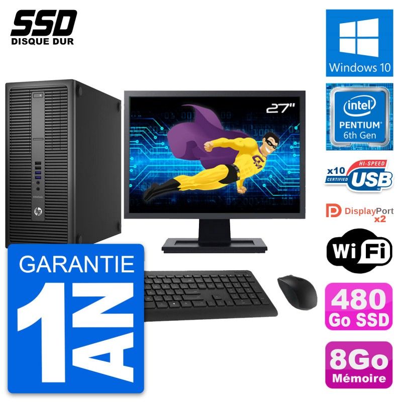 HP EliteDesk 800 G2 Desktop PC - 27" Display, Intel Pentium G4400, 8GB RAM, 480GB SSD, Windows 10, WiFi