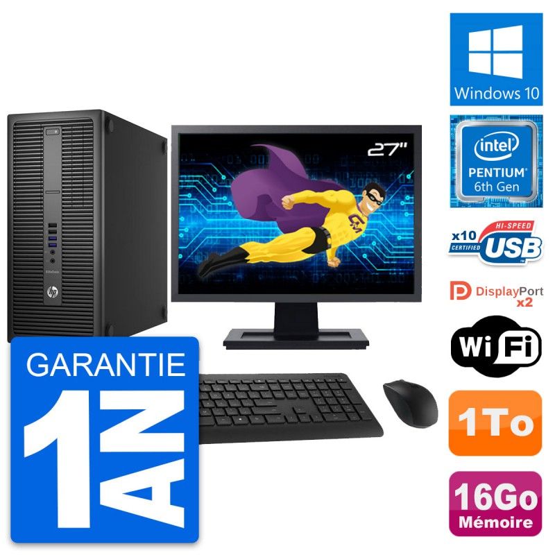 HP EliteDesk 800 G2 Desktop PC - 27" Screen, Intel Pentium G4400, 16GB RAM, 1TB HDD, Windows 10, WiFi