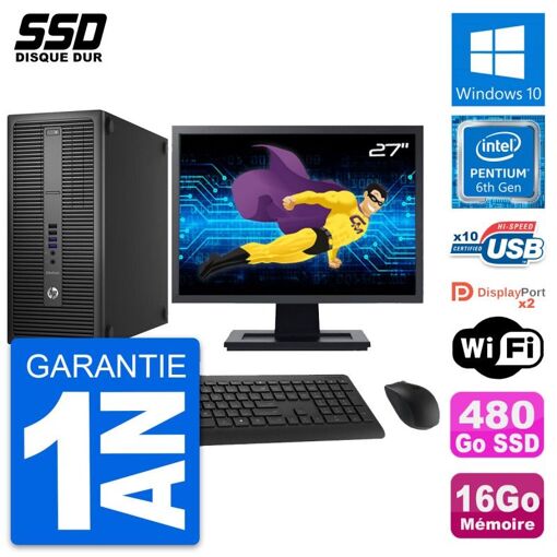 PC de sobremesa HP EliteDesk 800 G2 - Pantalla de 27', Procesador Intel Pentium G4400, 16 GB de RAM, 480 GB SSD, Windows 10, WiFi