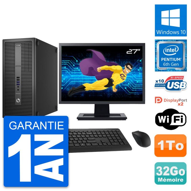 HP EliteDesk 800 G2 Desktop PC - 27" Screen, Intel Pentium G4400, 32GB RAM, 1TB HDD, Windows 10
