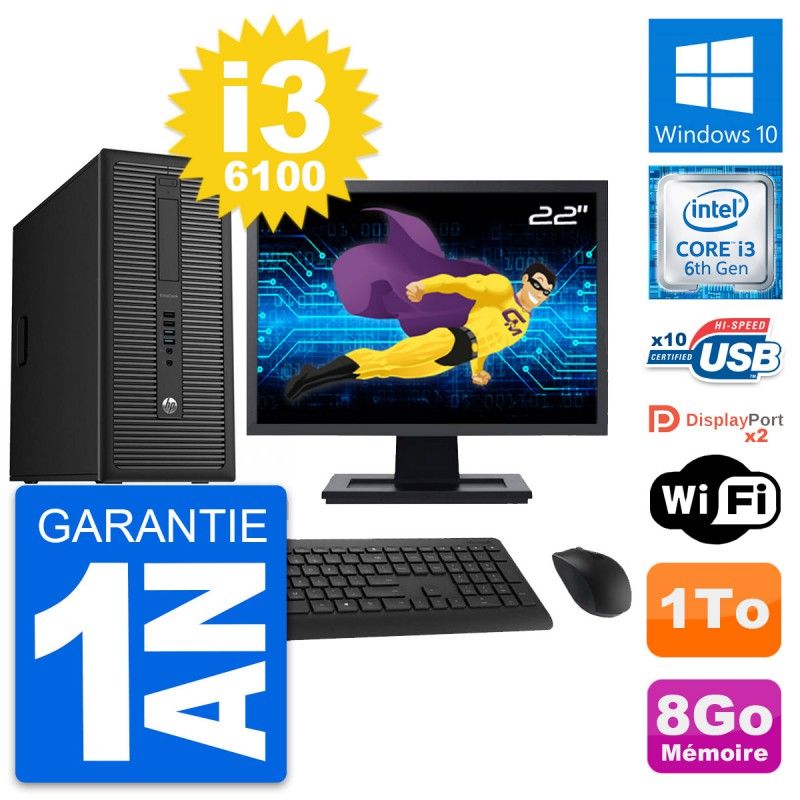 HP EliteDesk 800 G2 Desktop PC - 22" Screen, i3-6100, 8GB RAM, 1TB HDD, Windows 10, Wifi