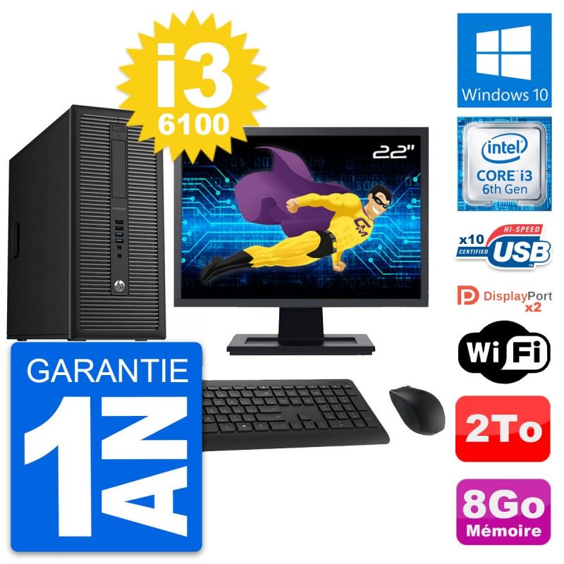 HP EliteDesk 800 G2 Desktop PC - 22" Screen, i3-6100, 8GB RAM, 2TB HDD, Windows 10, WiFi