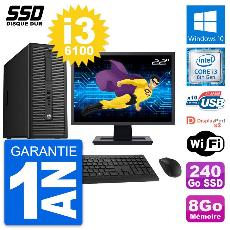 HP EliteDesk 800 G2 Desktop PC - 22" Screen, i3-6100, 8GB RAM, 240GB SSD, Windows 10, WiFi