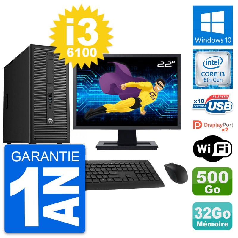 HP EliteDesk 800 G2 Desktop PC - 22" Screen, Intel i3-6100, 32GB RAM, 500GB HDD, Windows 10