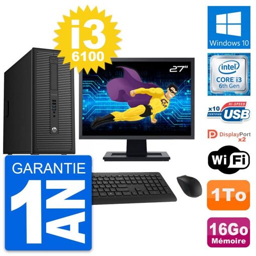 PC de escritorio HP EliteDesk 800 G2 - Pantalla de 27", Procesador Intel i3-6100, 16 GB de RAM, Disco duro de 1 TB, Windows 10