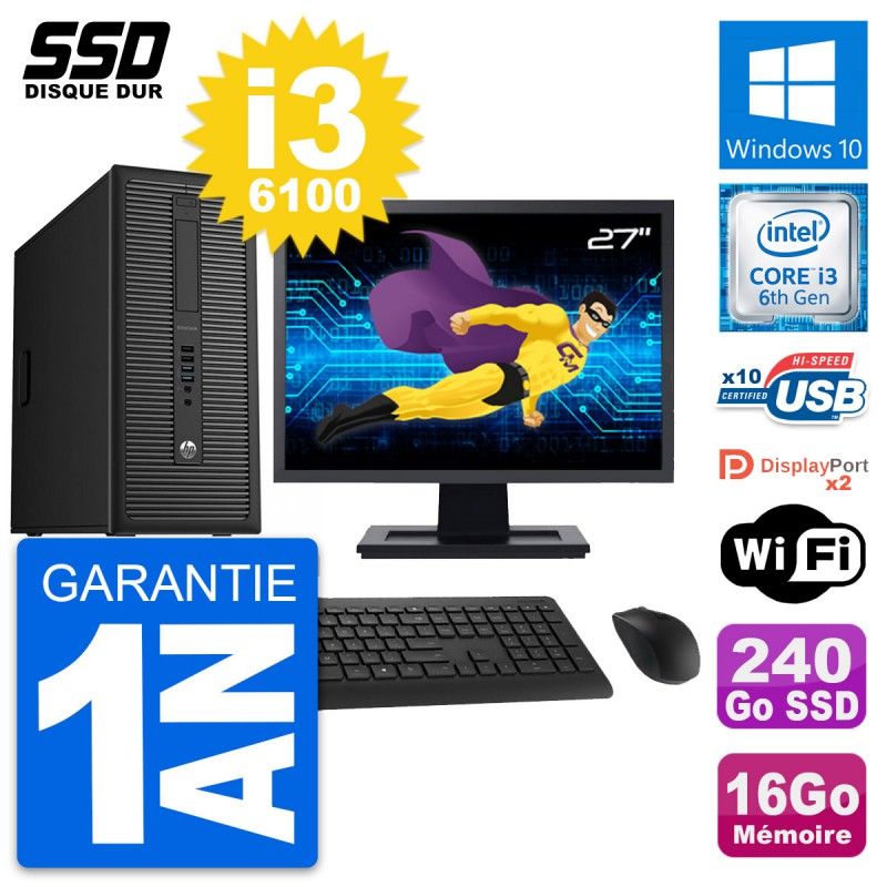 HP EliteDesk 800 G2 Desktop PC - 27" Display, i3-6100, 16GB RAM, 240GB SSD, Windows 10, WiFi