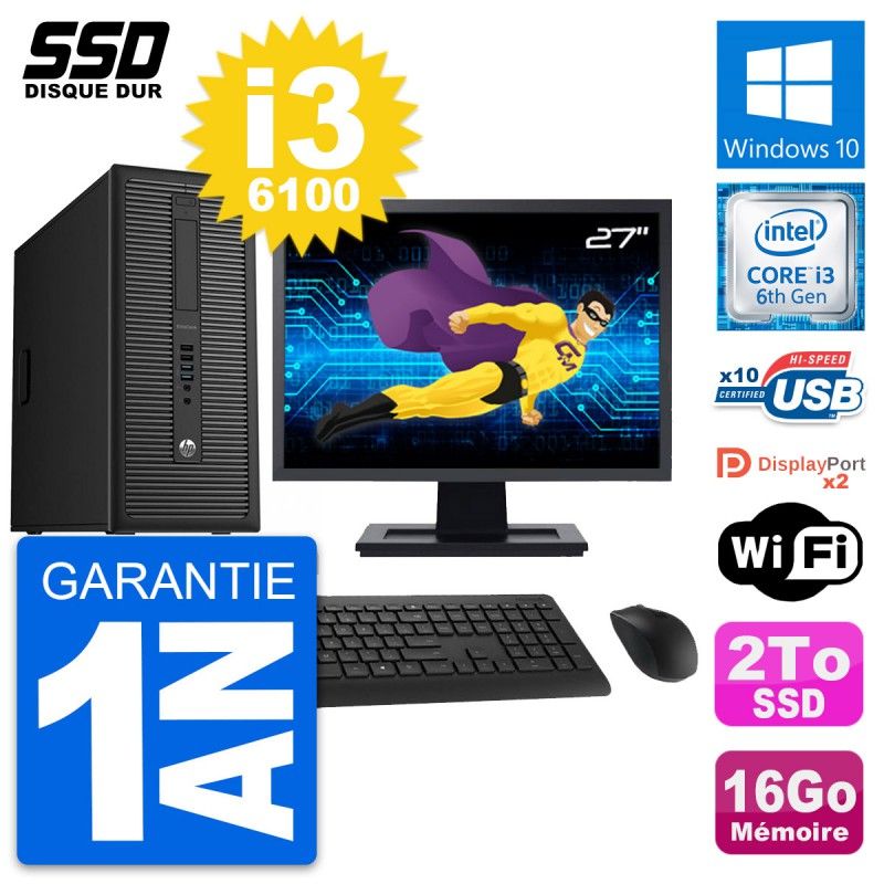 HP EliteDesk 800 G2 Desktop PC - 27" Screen, i3-6100, 16GB RAM, 2TB SSD, Windows 10, WiFi