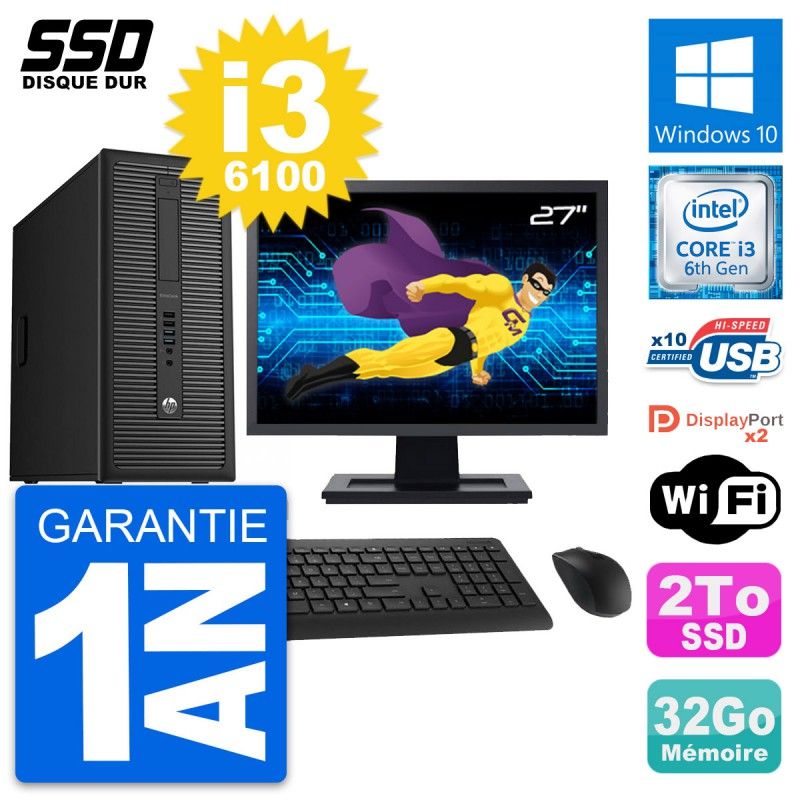 HP EliteDesk 800 G2 Desktop PC - 27" Screen, i3-6100, 32GB RAM, 2TB SSD, Windows 10, Wifi