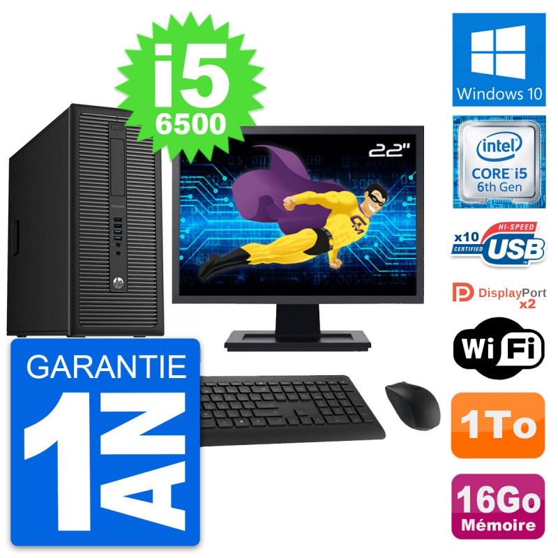 HP EliteDesk 800 G2 Desktop PC - 22" Screen, Intel i5-6500, 16GB RAM, 1TB Hard Drive, Windows 10, WiFi