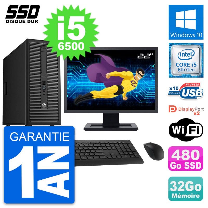 HP EliteDesk 800 G2 Desktop PC - 22" Screen, i5-6500, 32GB RAM, 480GB SSD, Windows 10, WiFi