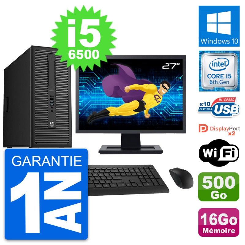 HP EliteDesk 800 G2 Desktop PC - 27" Screen, Intel i5-6500, 16GB RAM, 500GB HDD, Windows 10, WiFi
