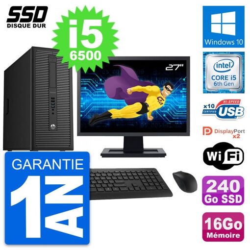 PC de escritorio HP EliteDesk 800 G2 - Pantalla de 27', Intel Core i5-6500, 16GB RAM, 240GB SSD, Windows 10, WiFi