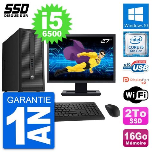 PC de escritorio HP EliteDesk 800 G2 - Pantalla de 27', i5-6500, 16GB RAM, 2TB SSD, Windows 10, WiFi