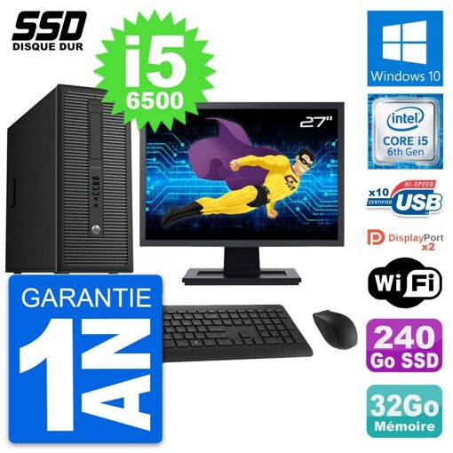 PC de escritorio HP EliteDesk 800 G2 - Pantalla de 27'', Intel Core i5-6500, 32GB de RAM, 240GB SSD, Windows 10, Wi-Fi