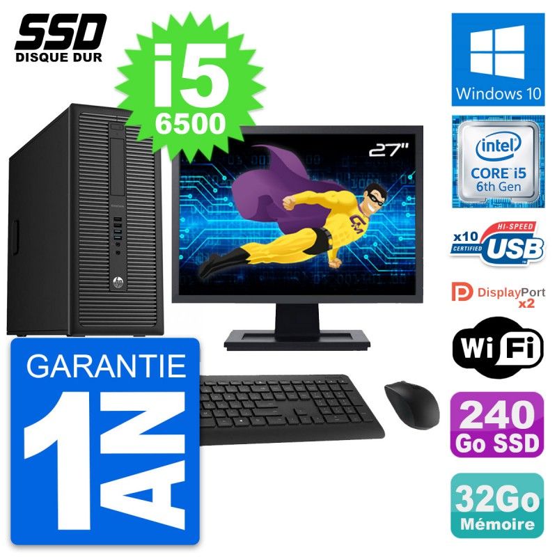 HP EliteDesk 800 G2 Desktop PC - 27" Screen, i5-6500, 32GB RAM, 240GB SSD, Windows 10, Wi-Fi