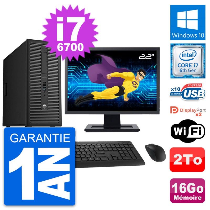 Computadora de escritorio HP EliteDesk 800 G2 - Pantalla de 22', Intel i7-6700, 16 GB de RAM, Disco duro de 2 TB, Windows 10, WiFi