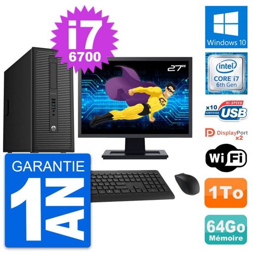 PC de escritorio HP EliteDesk 800 G2 - Pantalla de 27', Procesador Intel i7-6700, 64 GB de RAM, Disco duro de 1 TB, Windows 10, WiFi