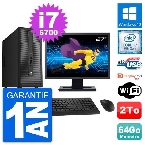 Computadora de escritorio HP EliteDesk 800 G2, pantalla de 27", procesador Intel i7-6700, 64 GB de RAM, disco duro de 2 TB, Windows 10, WiFi