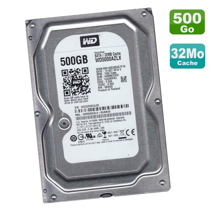 Disco duro interno Western Digital Blue 500 GB, 7200 RPM, 32 MB de caché (recertificado)