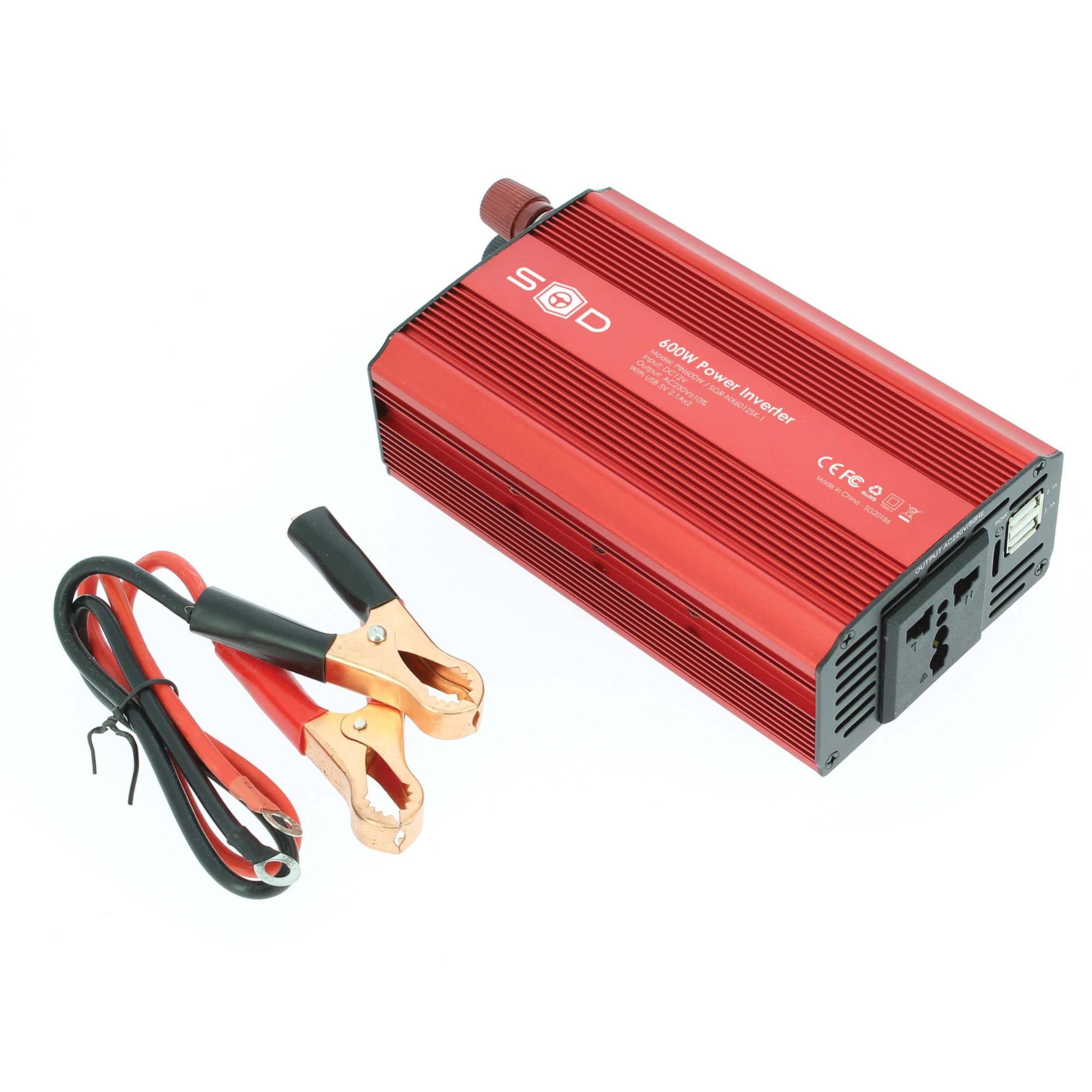 Carplus 600W 12V to 230V Converter with USB 2.1A and Crocodile Clips