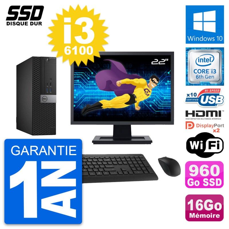 Dell OptiPlex 5040 SFF Computer - 22" Screen, Intel i3-6100, 16GB RAM, 960GB SSD, HDMI, WiFi