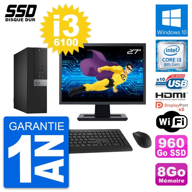 Dell OptiPlex 5040 SFF Computer, 27" Screen, Intel i3-6100, 8GB RAM, 960GB SSD, HDMI, WiFi
