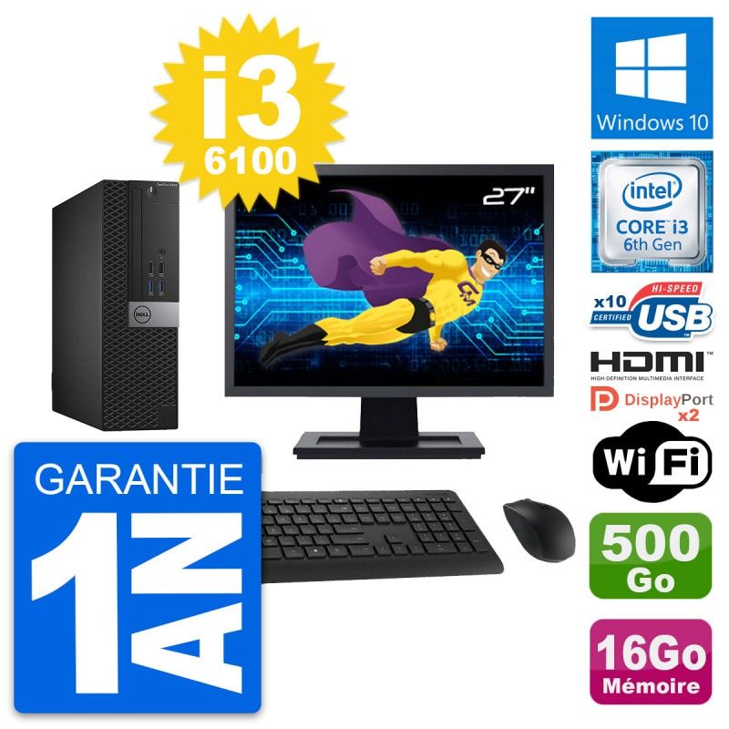 Dell OptiPlex 5040 SFF Desktop Computer, 27" Screen, i3-6100, 16GB RAM, 500GB HDD, HDMI, WiFi