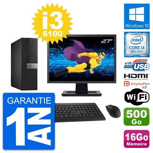Computadora de escritorio Dell OptiPlex 5040 SFF, Pantalla de 27", Intel Core i3-6100, 16 GB RAM, 500 GB HDD, HDMI, WiFi