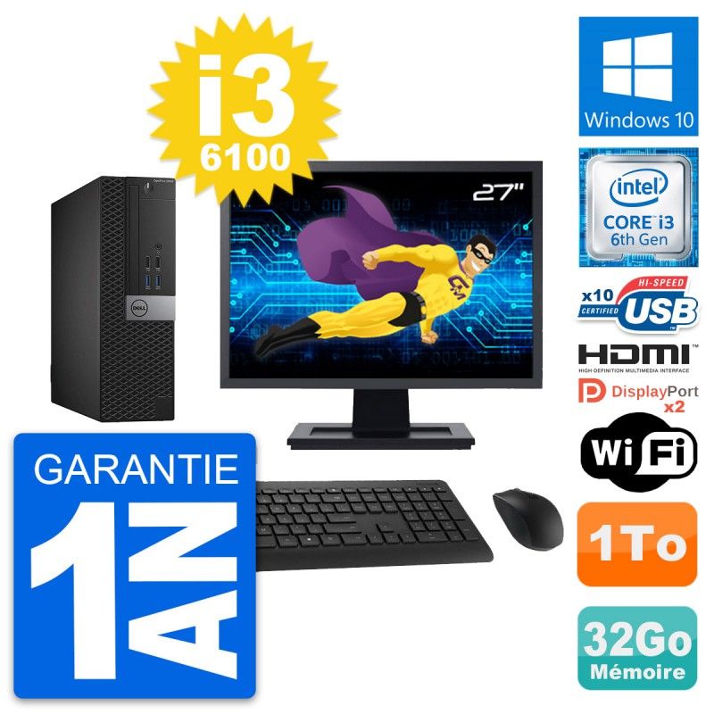 Dell OptiPlex 5040 SFF Computer - 27" Screen, Core i3-6100, 32GB RAM, 1TB HDD, HDMI, WiFi