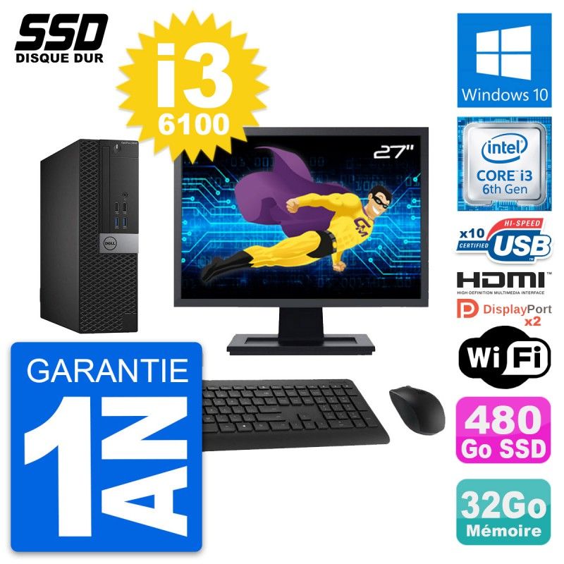 Dell OptiPlex 5040 SFF Computer - 27" Screen, Intel i3-6100, 32GB RAM, 480GB SSD, HDMI, WiFi