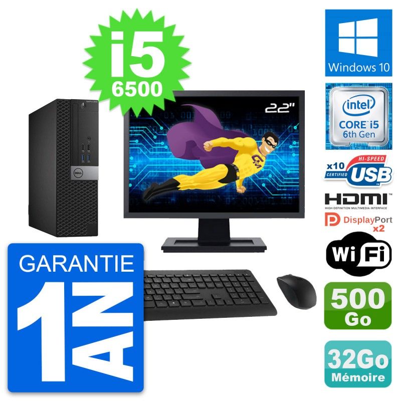 Dell OptiPlex 5040 SFF PC - 22" Screen, i5-6500, 32GB RAM, 500GB Disk, HDMI, WiFi