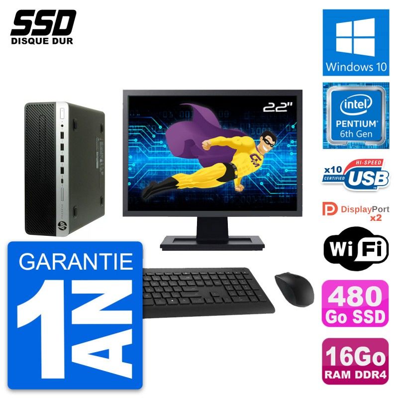 HP ProDesk 600 G3 SFF Computer - 22" Screen, Intel Pentium G4400, 16GB RAM, 480GB SSD, Windows 10, WiFi