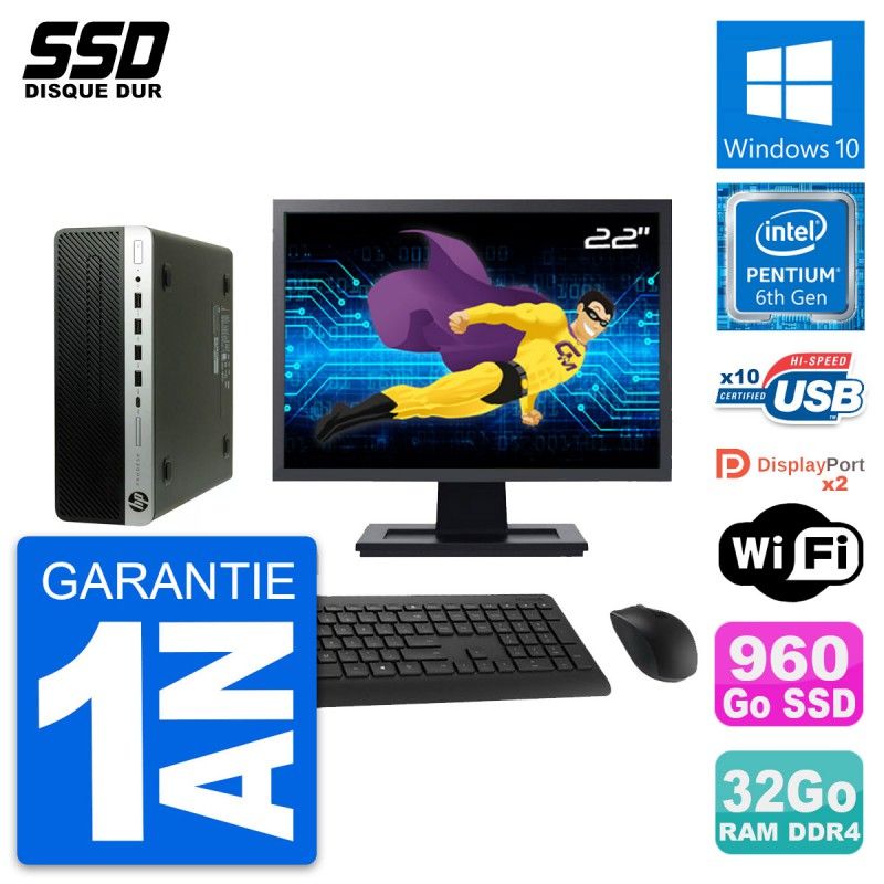 HP ProDesk 600 G3 SFF Computer - 22" Screen, Intel Pentium G4400, 32GB RAM, 960GB SSD, Windows 10, WiFi