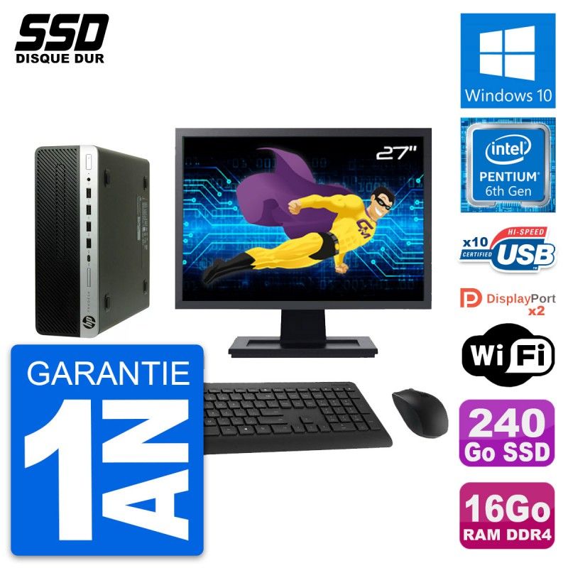 HP ProDesk 600 G3 SFF PC - 27" Screen, Intel Pentium G4400, 16GB RAM, 240GB SSD, Windows 10, WiFi