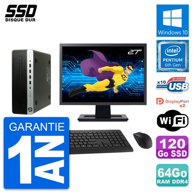 HP ProDesk 600 G3 SFF Computer - 27" Screen, Intel Pentium G4400, 64GB RAM, 120GB SSD, Windows 10, WiFi