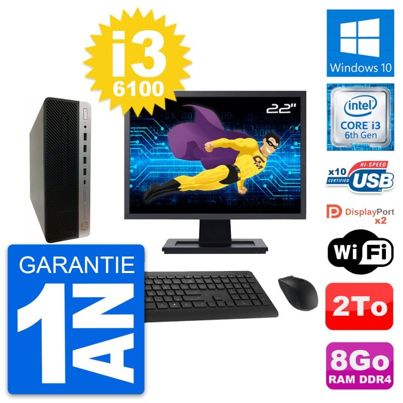 HP ProDesk 600 G3 SFF Desktop PC - 22" Screen, i3-6100, 8GB RAM, 2TB HDD, Windows 10, WiFi