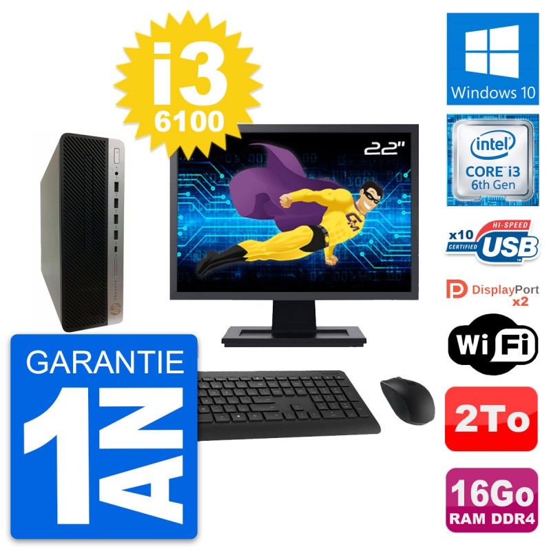 HP ProDesk 600 G3 SFF Desktop Computer, 22" Screen, Intel i3-6100, 16GB RAM, 2TB HDD, Windows 10, WiFi