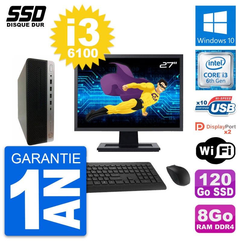 HP ProDesk 600 G3 SFF Desktop Computer, 27" Screen, i3-6100, 8GB RAM, 120GB SSD, Windows 10, Wi-Fi