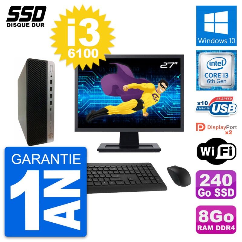 HP ProDesk 600 G3 SFF Desktop PC - 27" Screen, i3-6100, 8GB RAM, 240GB SSD, Windows 10, Wifi