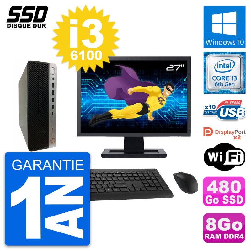 HP ProDesk 600 G3 SFF Computer - 27" Screen, i3-6100, 8GB RAM, 480GB SSD, Windows 10, Wifi