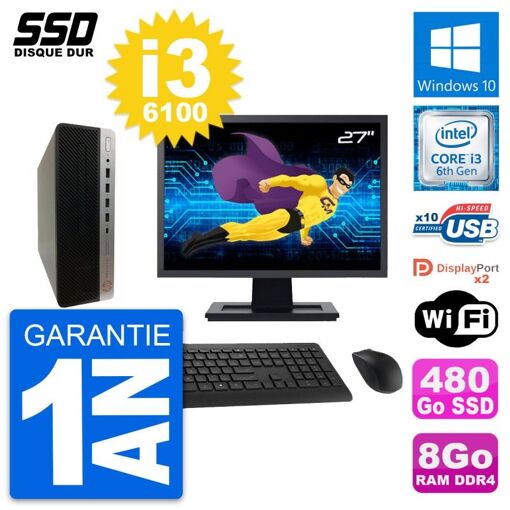 PC HP ProDesk 600 G3 SFF - Pantalla de 27'', i3-6100, 8GB de RAM, 480GB SSD, Windows 10, Wifi