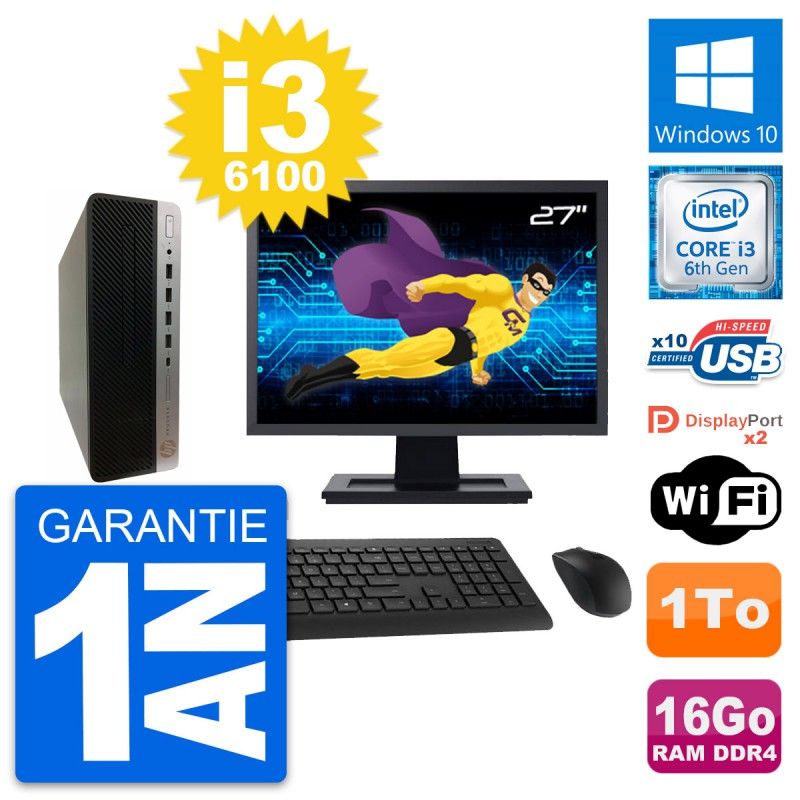 HP ProDesk 600 G3 SFF Desktop Computer, 27" Screen, Intel i3-6100, 16GB RAM, 1TB HDD, Windows 10, WiFi
