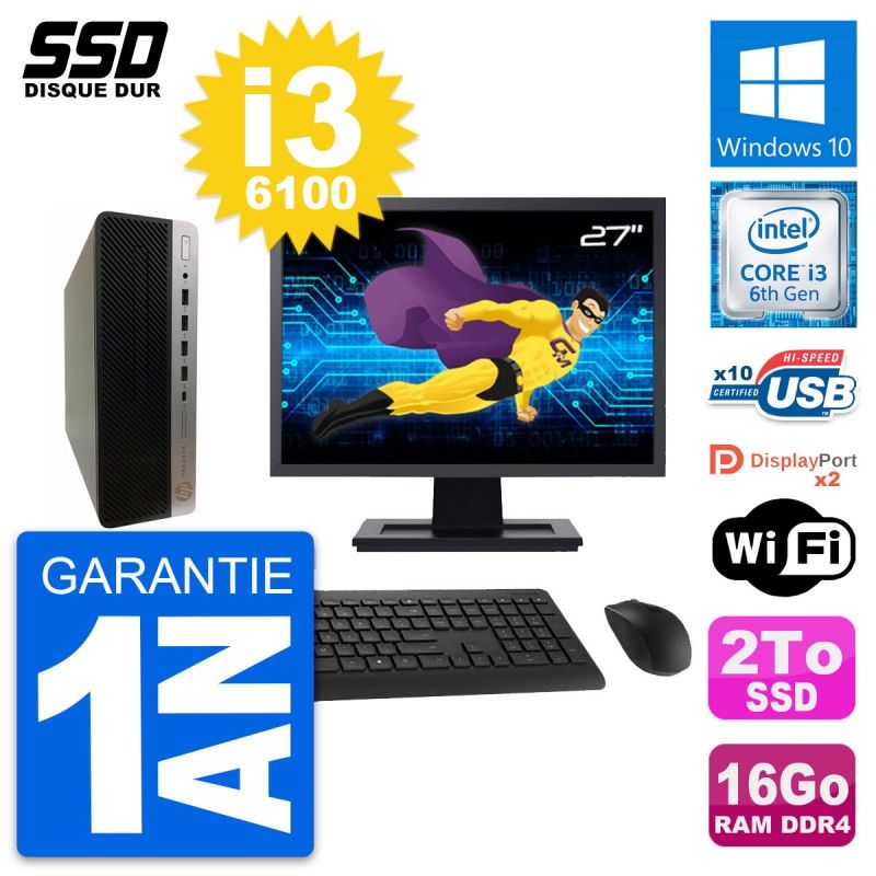 HP ProDesk 600 G3 SFF Desktop Computer - 27" Screen, Core i3-6100, 16GB RAM, 2TB SSD, Windows 10, Wifi