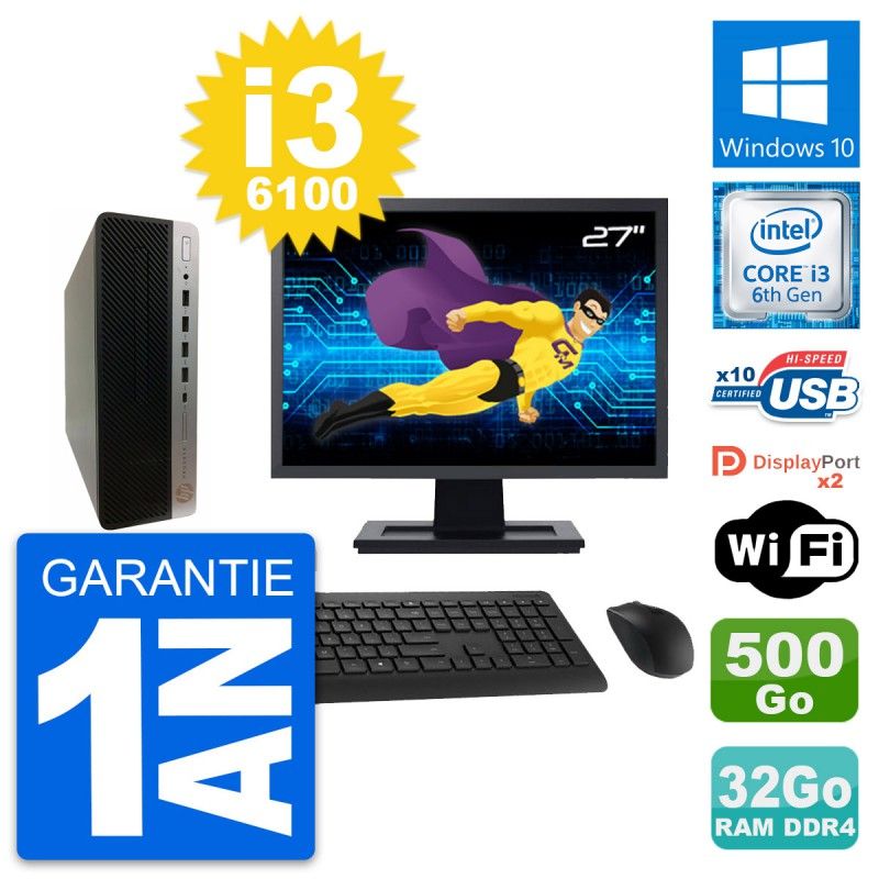 HP ProDesk 600 G3 SFF Desktop PC - 27" Display, Intel i3-6100, 32GB RAM, 500GB HDD, Windows 10, WiFi