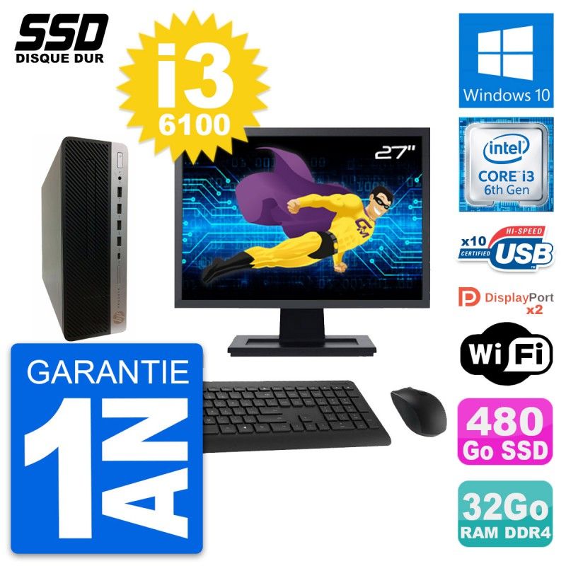 HP ProDesk 600 G3 SFF Computer - 27" Screen, i3-6100, 32GB RAM, 480GB SSD, Windows 10, WiFi