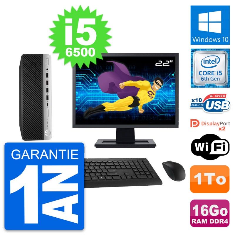 HP ProDesk 600 G3 SFF Computer - 22" Screen, Intel i5-6500, 16GB RAM, 1TB HDD, Windows 10, WiFi