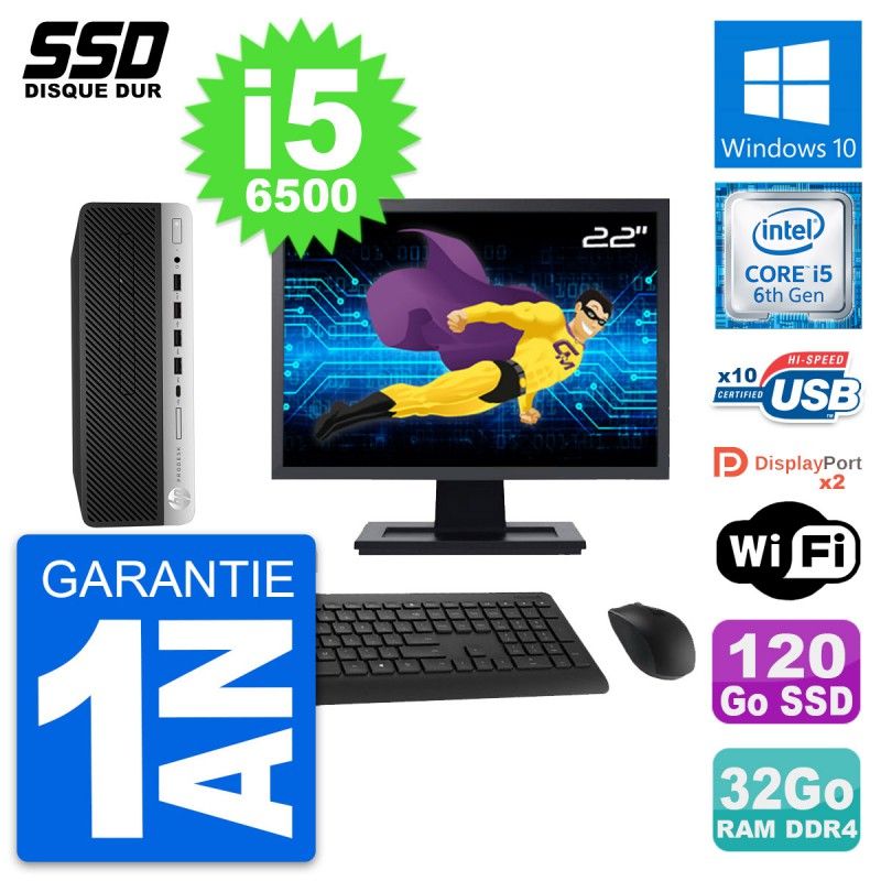 HP ProDesk 600 G3 SFF Desktop PC - 22" Screen, i5-6500, 32GB RAM, 120GB SSD, Windows 10, WiFi