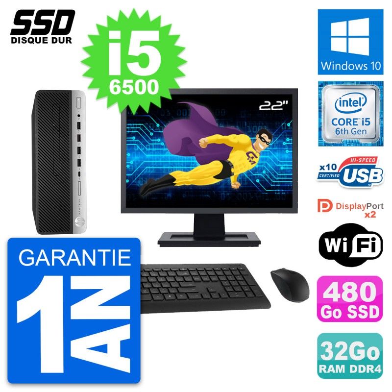 HP ProDesk 600 G3 SFF Computer - 22" Screen, i5-6500, 32GB RAM, 480GB SSD, Windows 10, Wifi